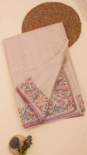 Plain Tusser Silk Saree with Petit Point Embroidery Work