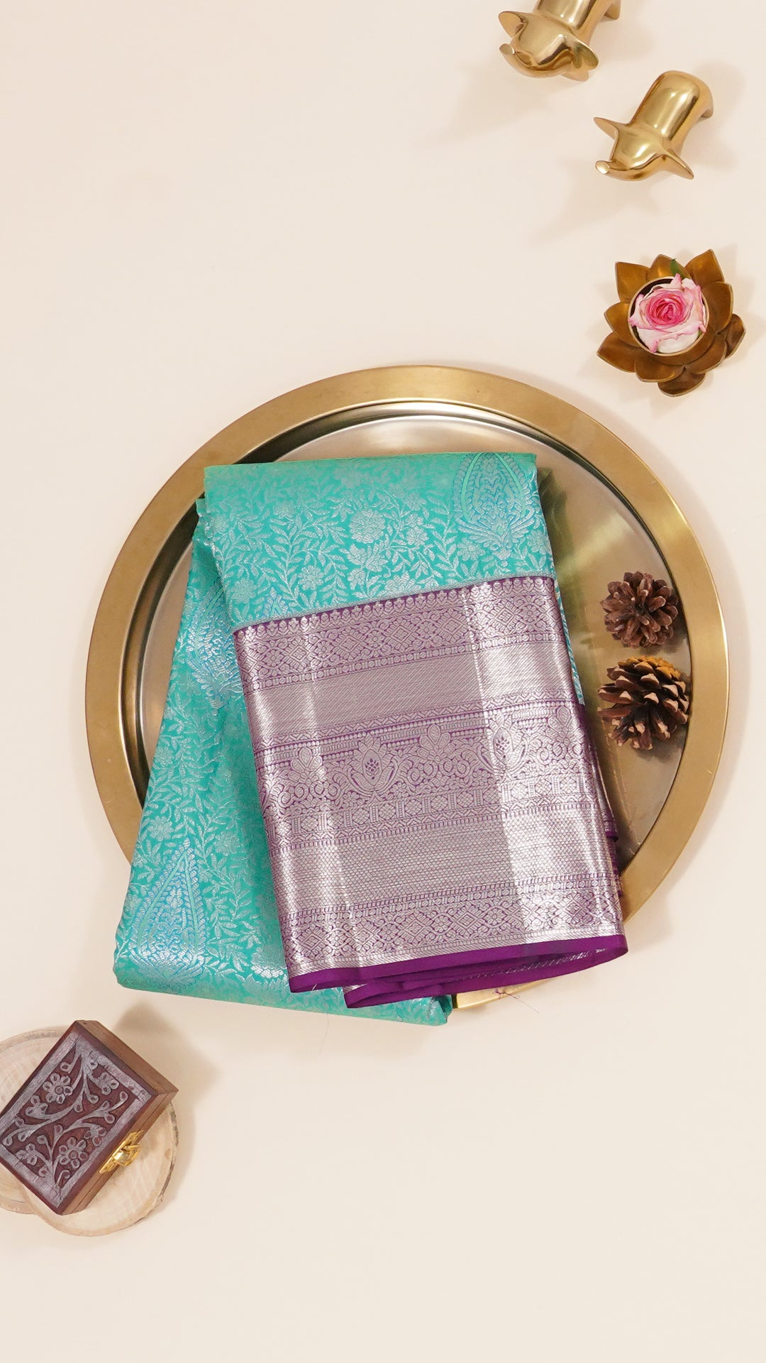 Turquoise Green Kanchi Pattu Silk Saree with Silver Contrast Zari Border