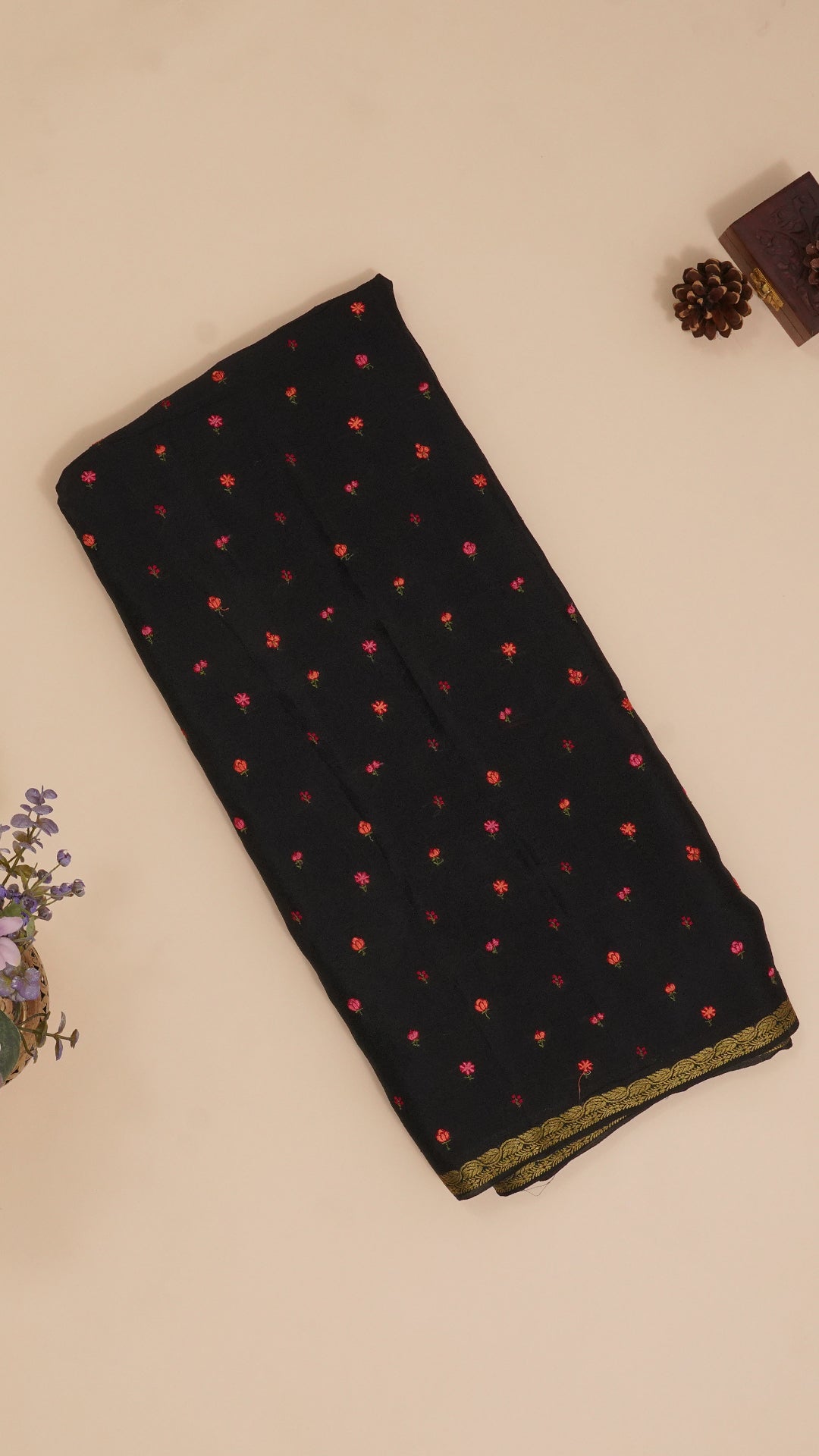 Black Georgette Silk Saree with Small Gold Self Zari Border & Allover Buttas