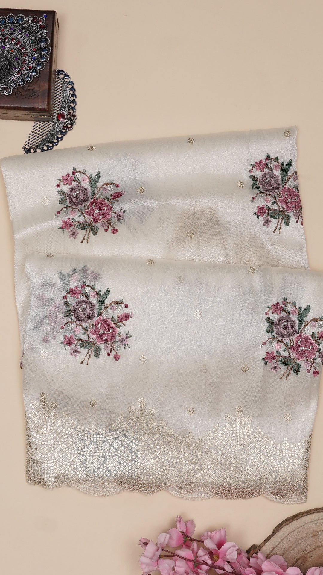 Buy White Tissue Silk Saree – Scallop & Sequins | Vaarahi Silks