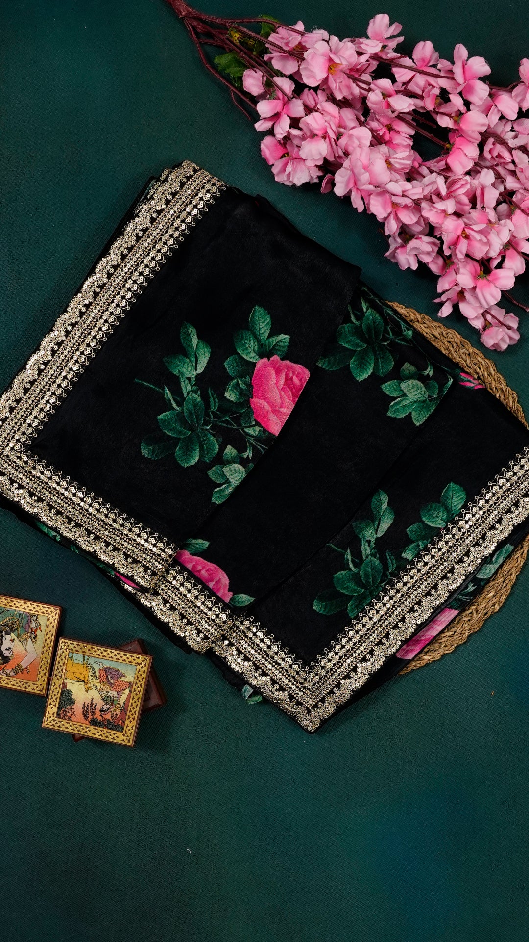 Black Fancy Satin Silk Saree with Embroidery
