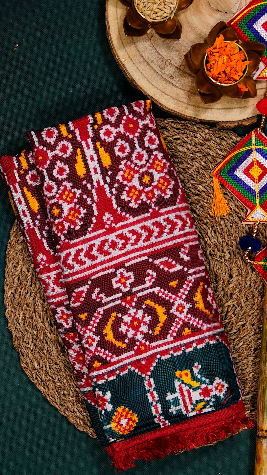 Bluish Green Patan Patola Silk Saree with Stripes