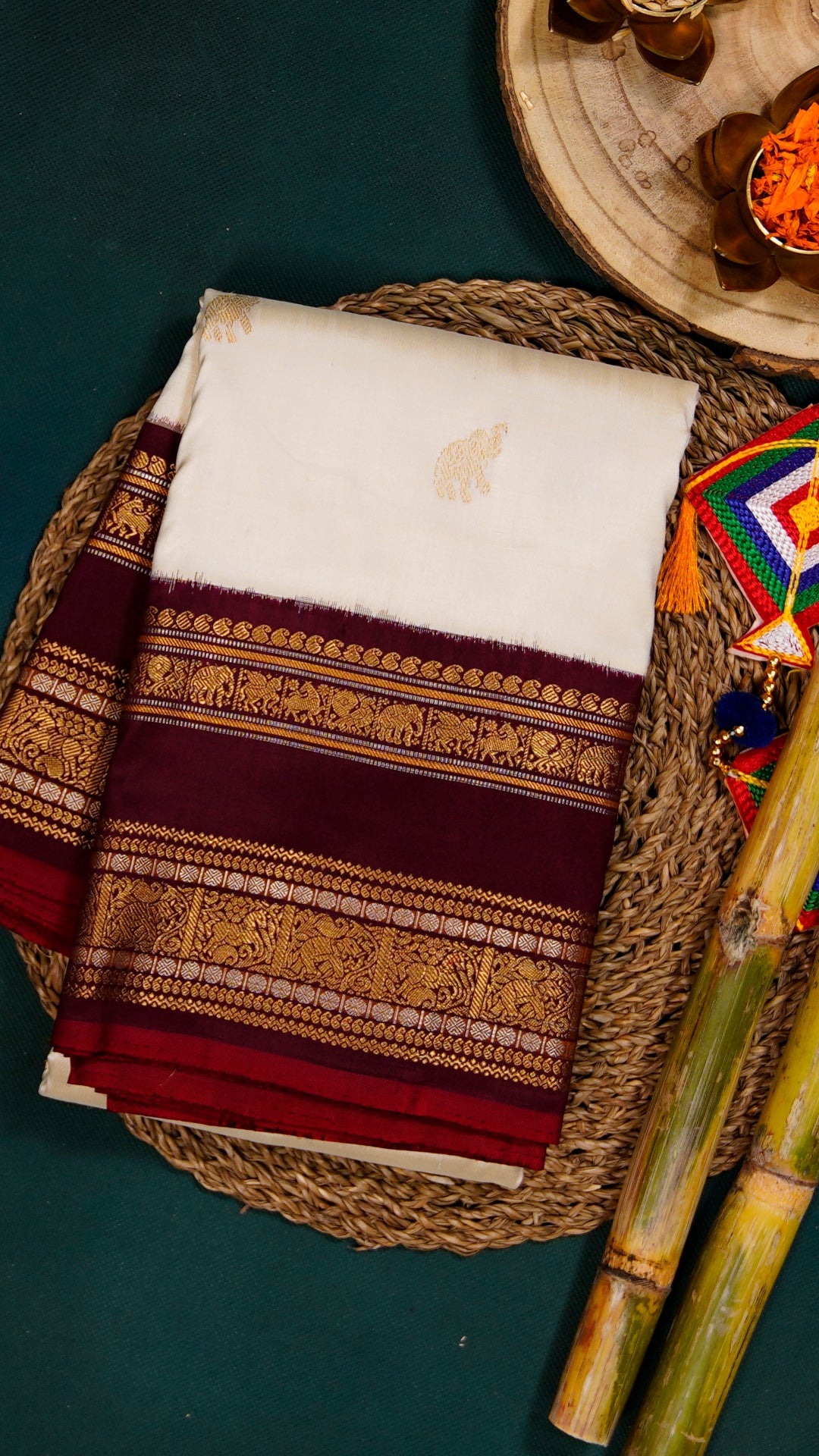 White Ikkath Silk Saree with Burgundy Zari Border
