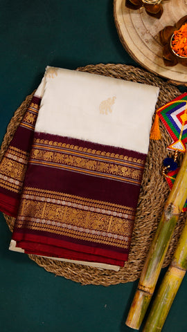 White Ikkath Silk Saree with Burgundy Zari Border