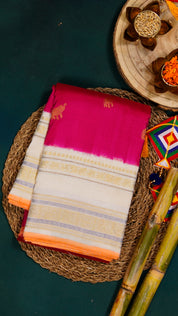 Rani Pink Ikkath Silk Saree with White Zari Border