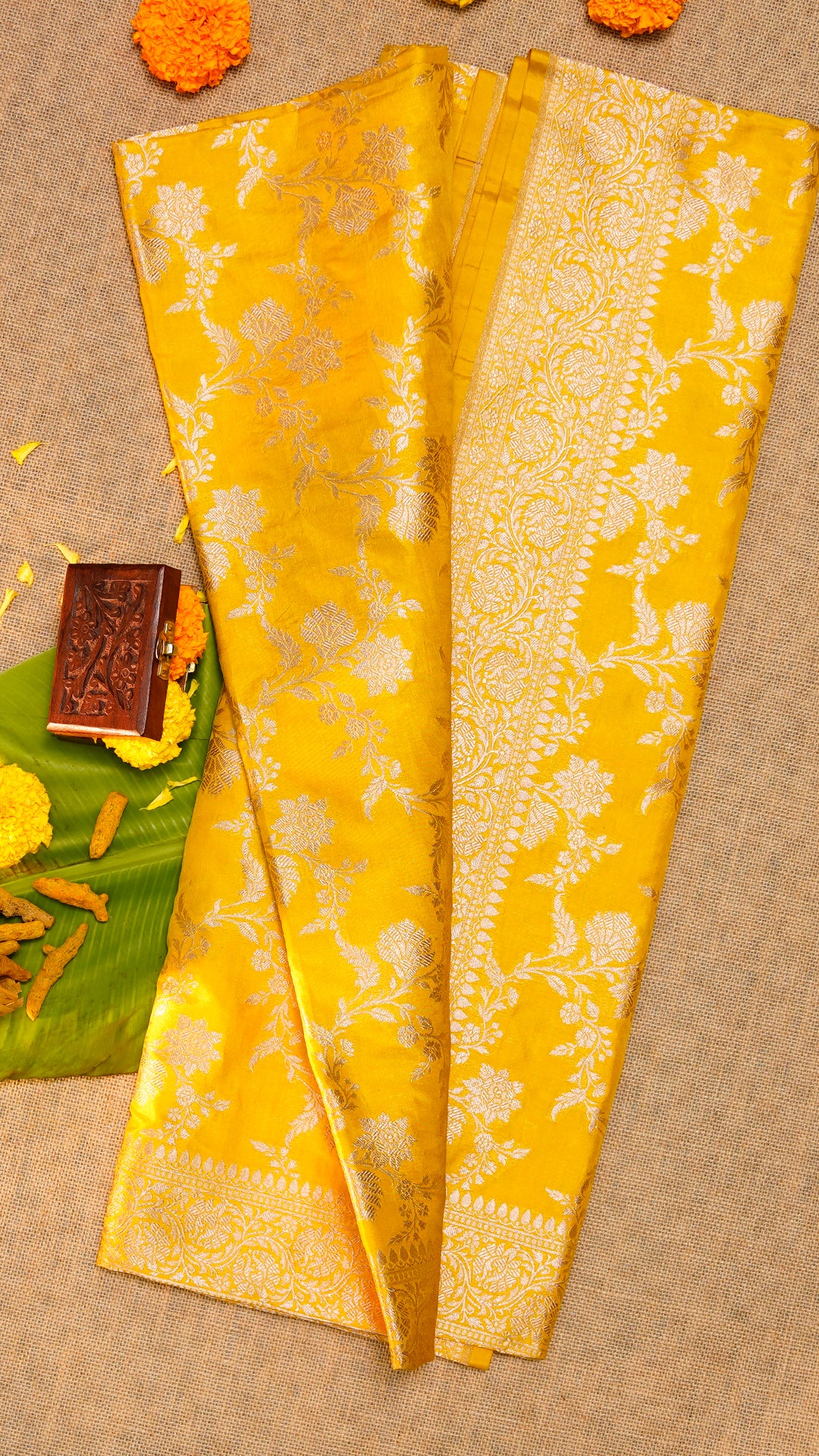 Bright Yellow Banarasi Silk Saree with Gold Zari