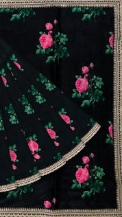 Black Fancy Satin Silk Saree with Embroidery
