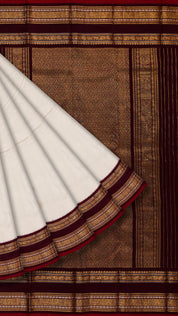 White Ikkath Silk Saree with Burgundy Zari Border