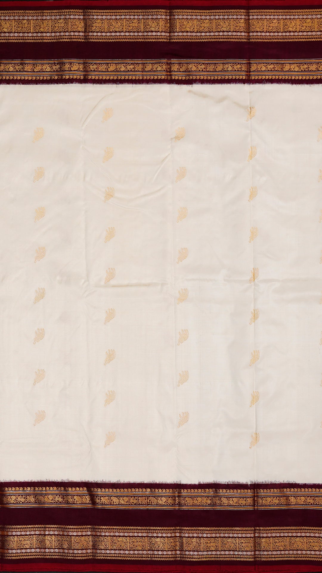 White Ikkath Silk Saree with Burgundy Zari Border