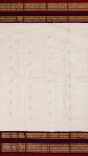 White Ikkath Silk Saree with Burgundy Zari Border