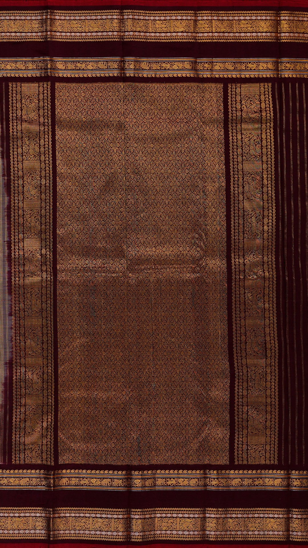 White Ikkath Silk Saree with Burgundy Zari Border