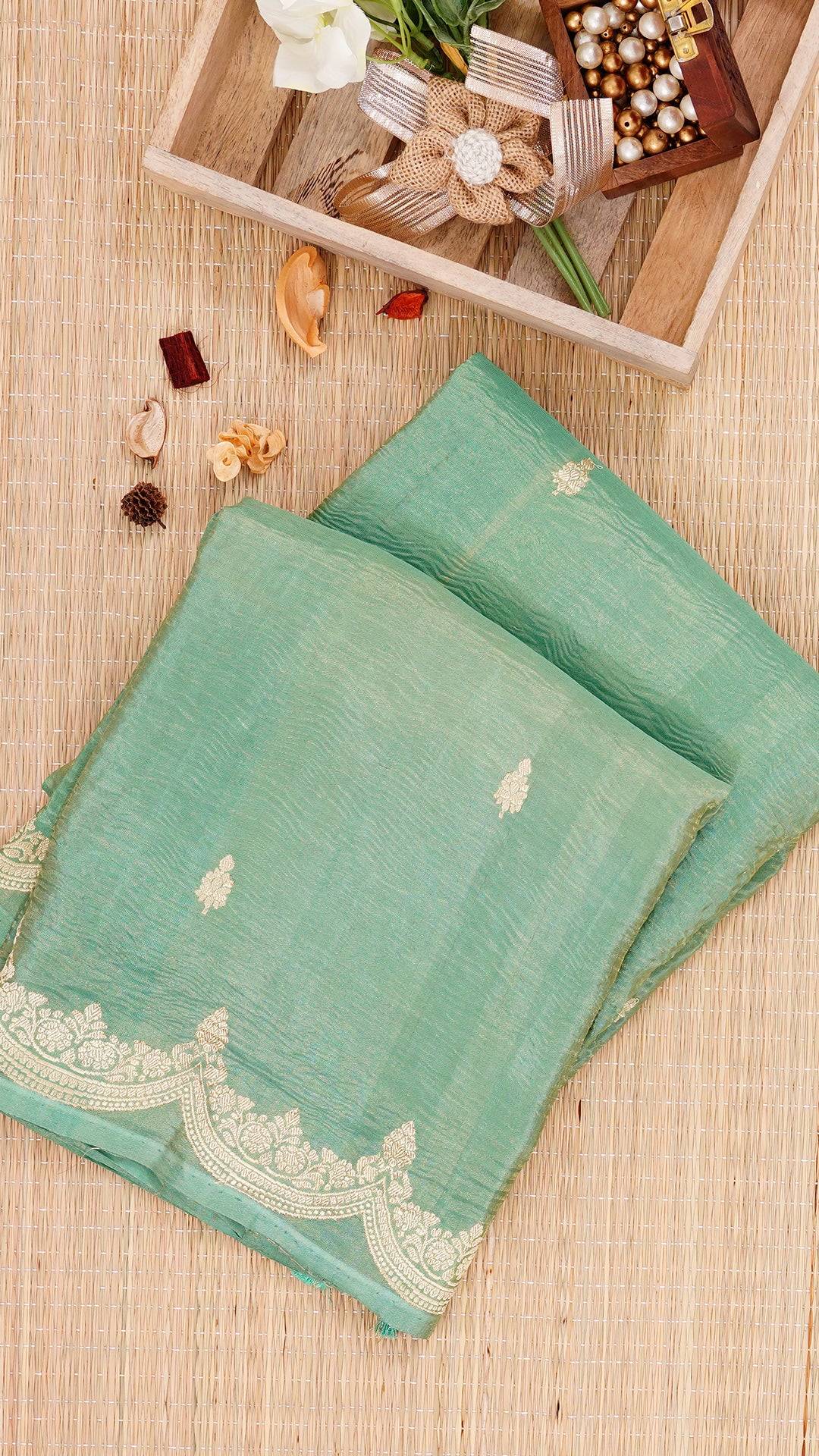 Mint Green Crush Silk Saree with Zari Border