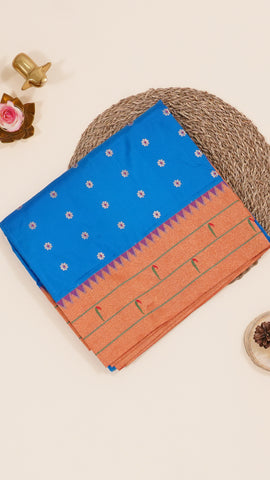 Blue Paithani Silk Saree with Small Gold Double Munia Border