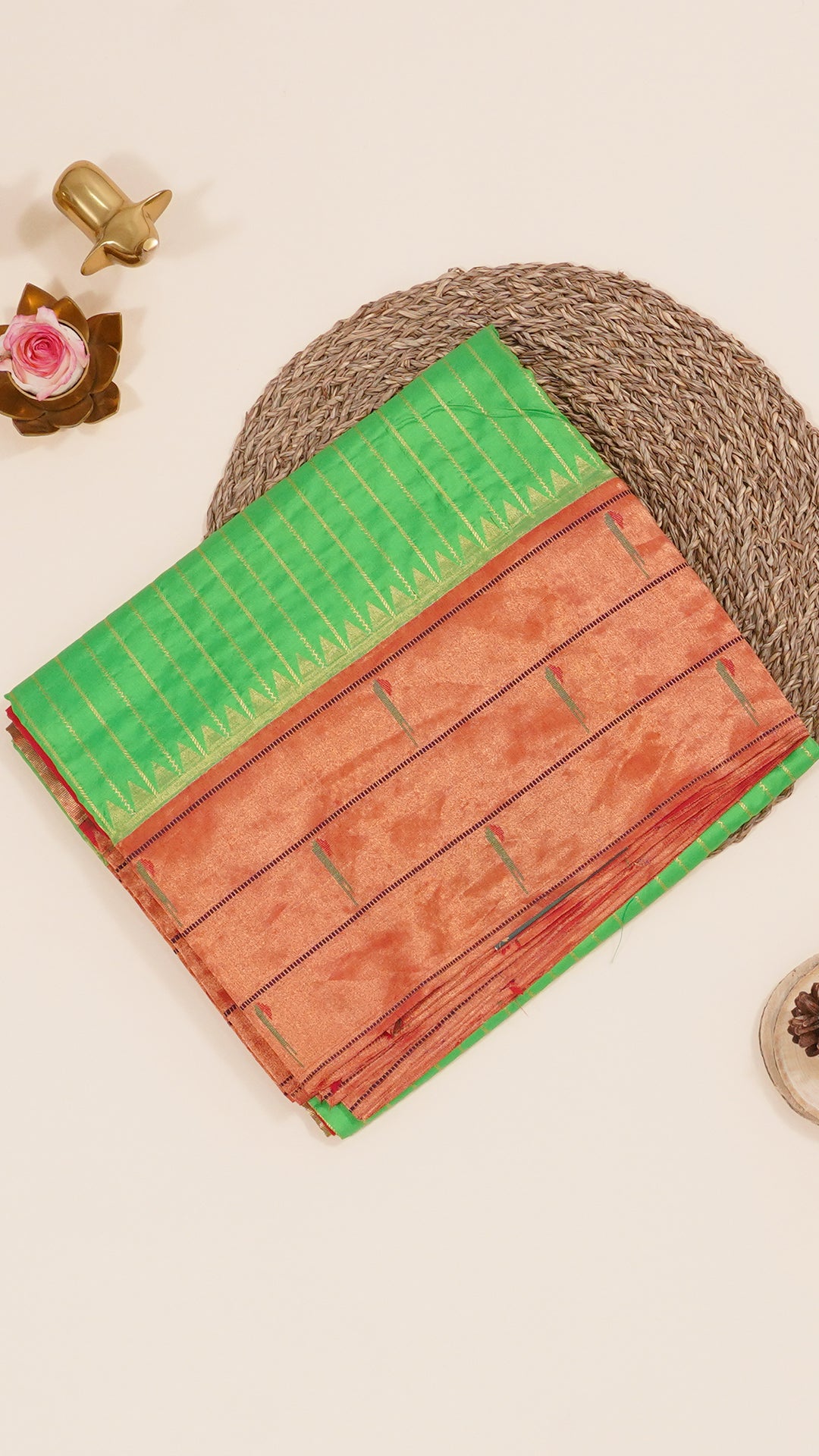 Green Striped Paithani Silk Saree with Medium Gold Double Munia Border