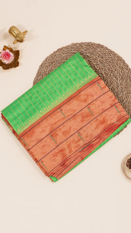 Green Striped Paithani Silk Saree with Medium Gold Double Munia Border