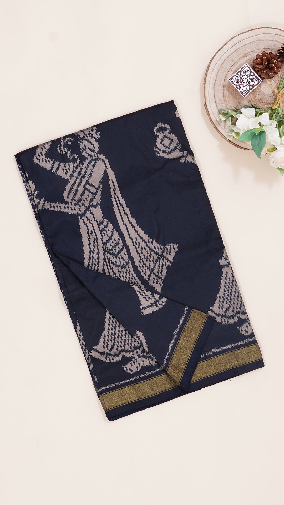 Dark Navy Blue Ikkat Saree with Zari Self Border