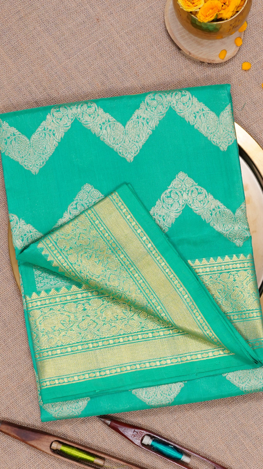 Rama Green Uppada Silk Saree with Gold Designer Buttas