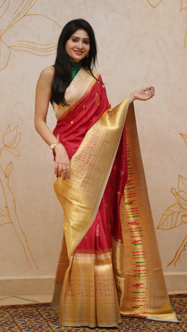 Red Banaras Silk Saree with Contrast Cream Brocade Border
