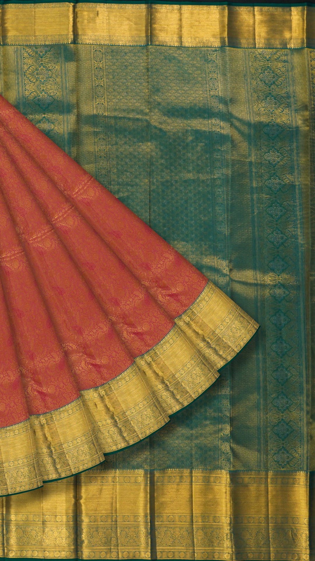 Peach Orange and Green Kanchi Pattu Saree with Zari Elegance