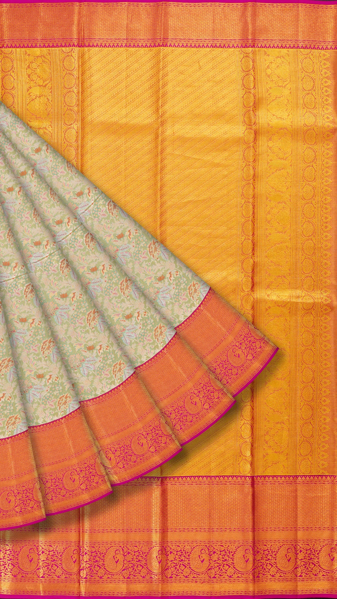 Sea Green and Bright Pink Kanchipuram Silk Saree with Big Zari Border | Traditional Kanchi Pattu Saree