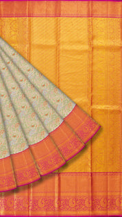 Sea Green and Bright Pink Kanchipuram Silk Saree with Big Zari Border | Traditional Kanchi Pattu Saree