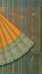 Kanchi Pattu Saree in Yellow with Sea Blue Zari Border
