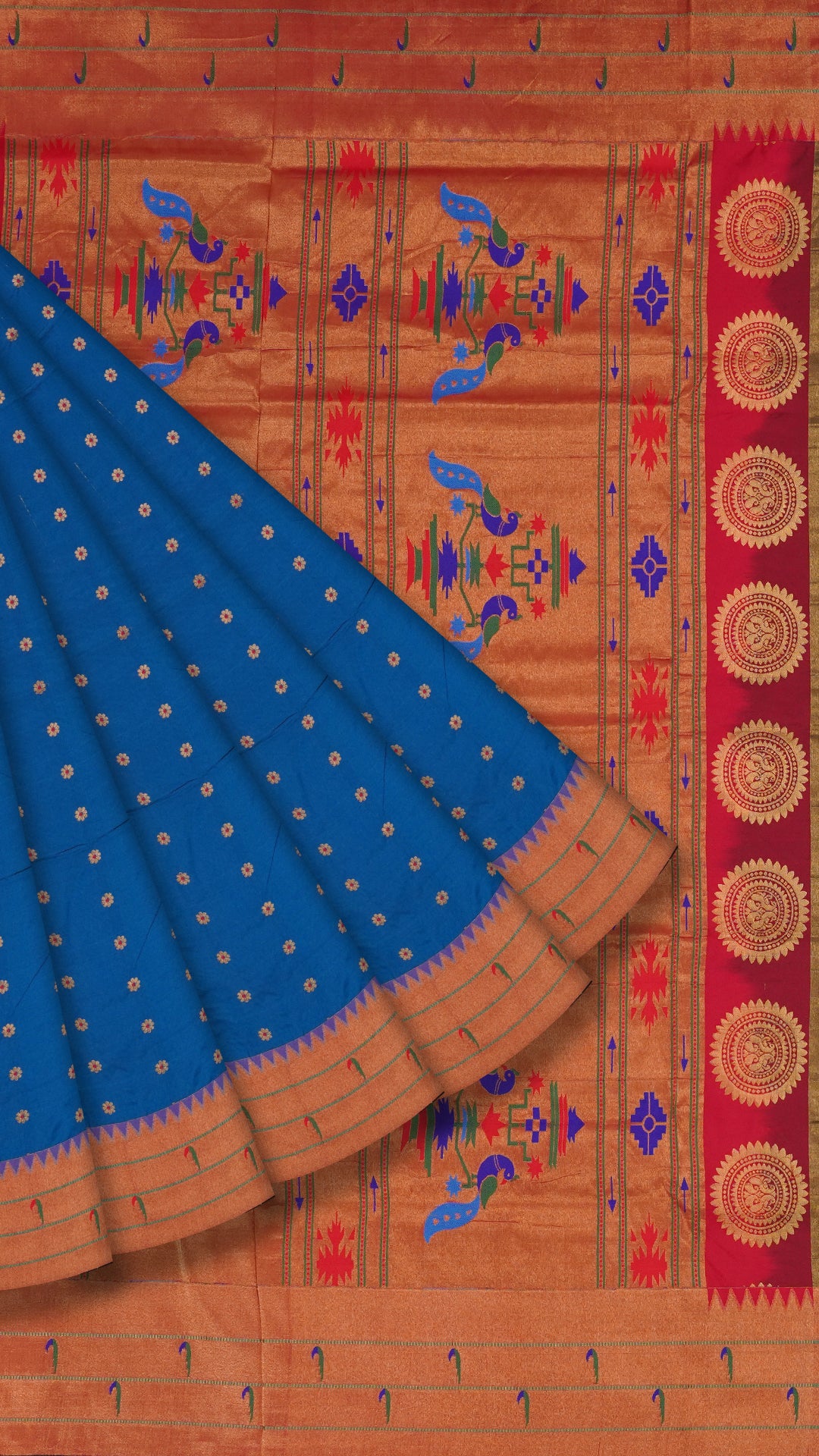 Blue Paithani Silk Saree with Small Gold Double Munia Border