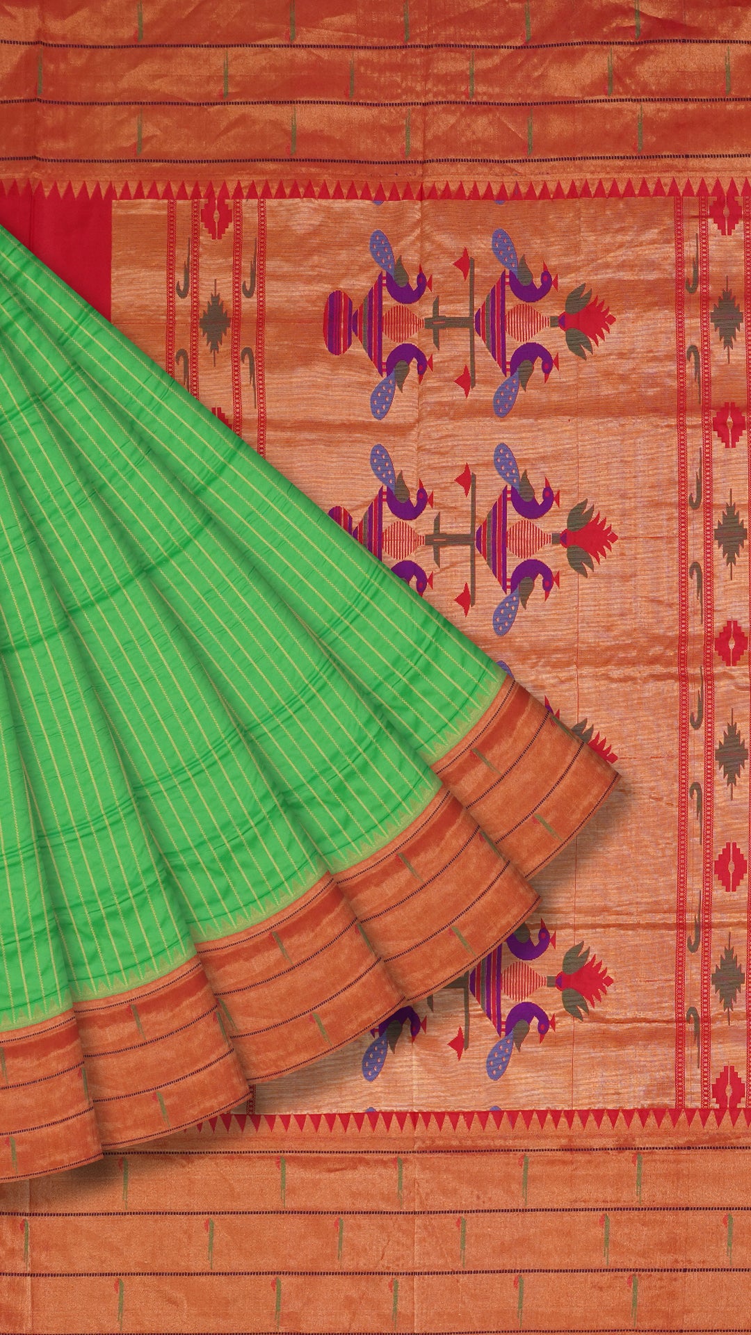 Green Striped Paithani Silk Saree with Medium Gold Double Munia Border