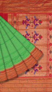 Green Striped Paithani Silk Saree with Medium Gold Double Munia Border