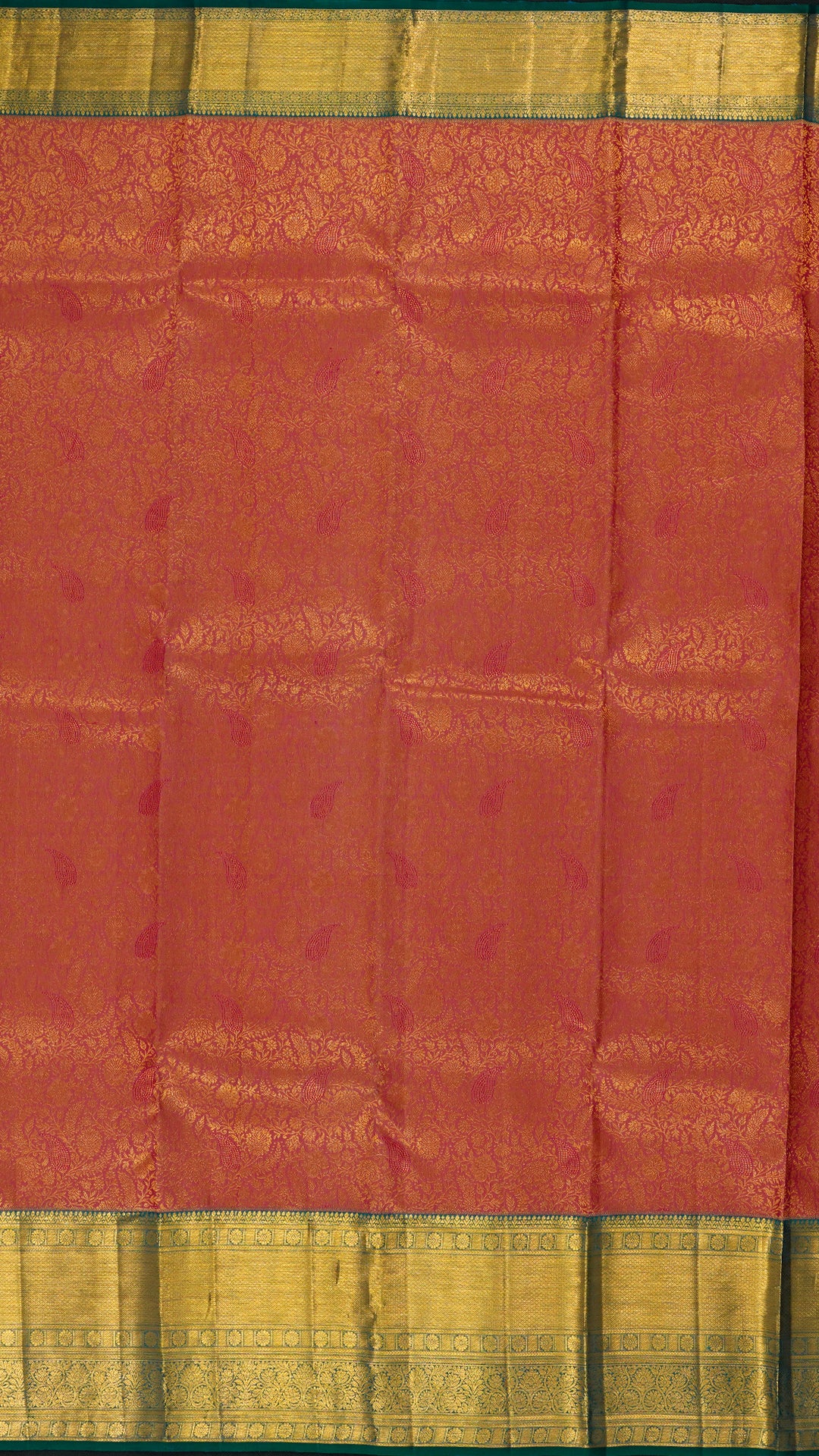 Peach Orange and Green Kanchi Pattu Saree with Zari Elegance
