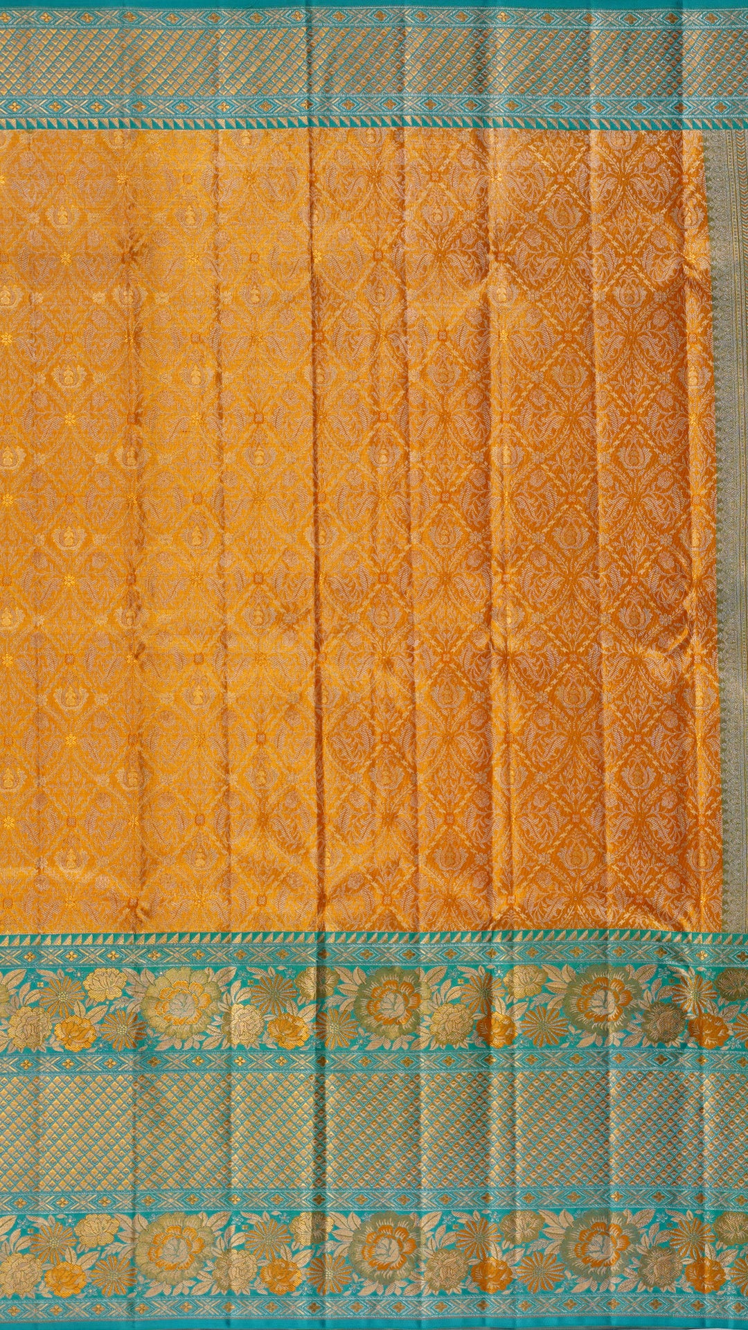 Kanchi Pattu Saree in Yellow with Sea Blue Zari Border