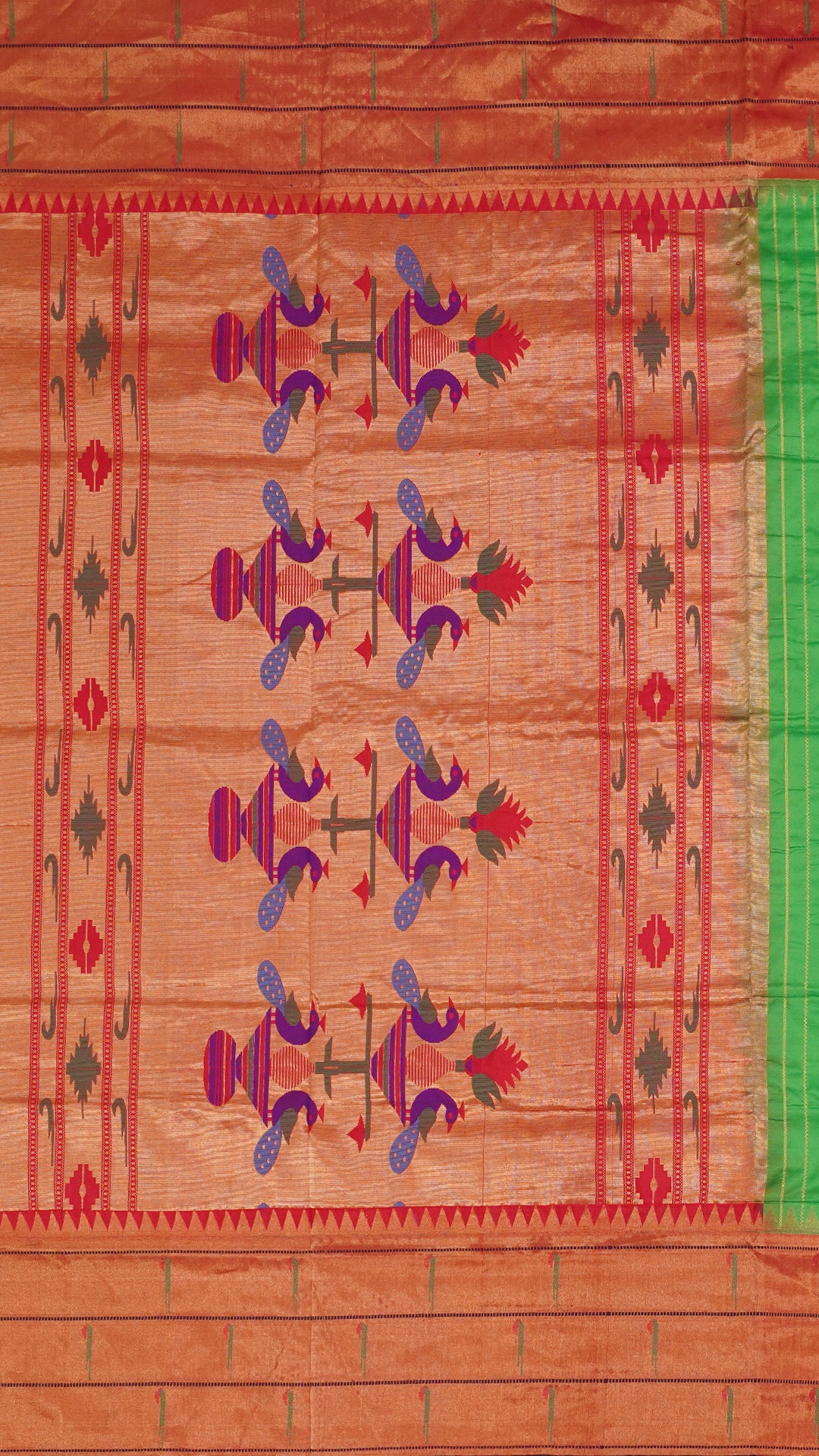 Green Striped Paithani Silk Saree with Medium Gold Double Munia Border