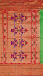 Green Striped Paithani Silk Saree with Medium Gold Double Munia Border