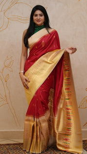 Red Banaras Silk Saree with Contrast Cream Brocade Border