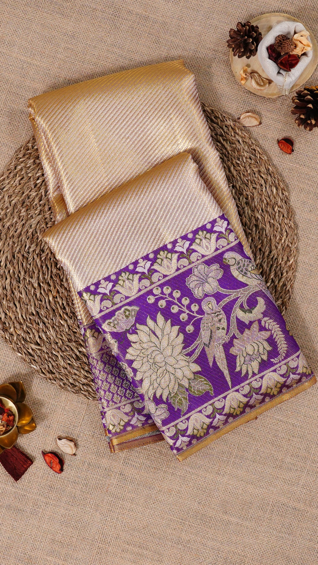 Gold Kanchipuram Saree with Purple Border and Cross Lines