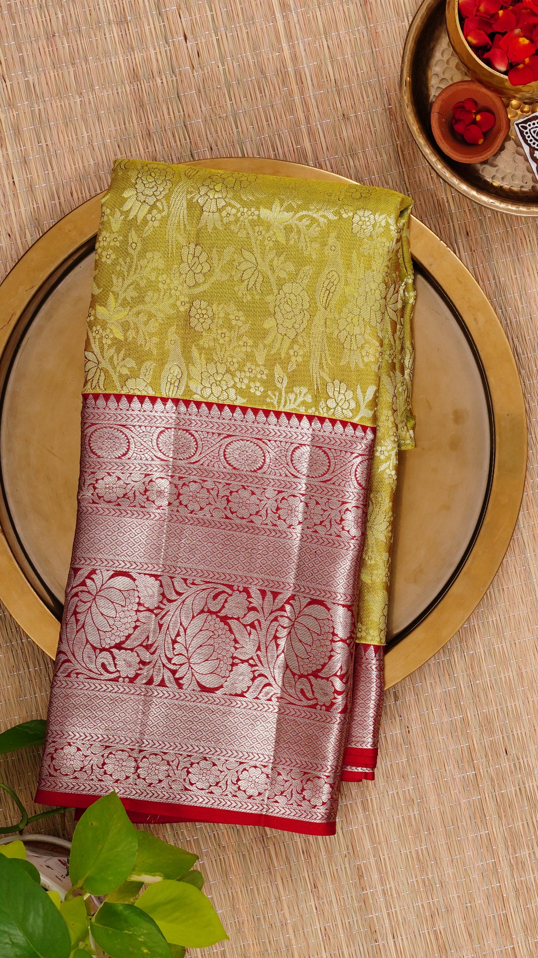 Olive Green Kanchipuram Saree with Bright Red Pallu