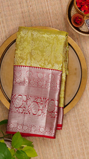 Olive Green Kanchipuram Saree with Bright Red Pallu