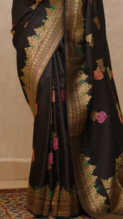 Black Banaras Silk Saree with Zari Border and Multi Buttis