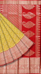 Olive Green Kanchipuram Saree with Bright Red Pallu