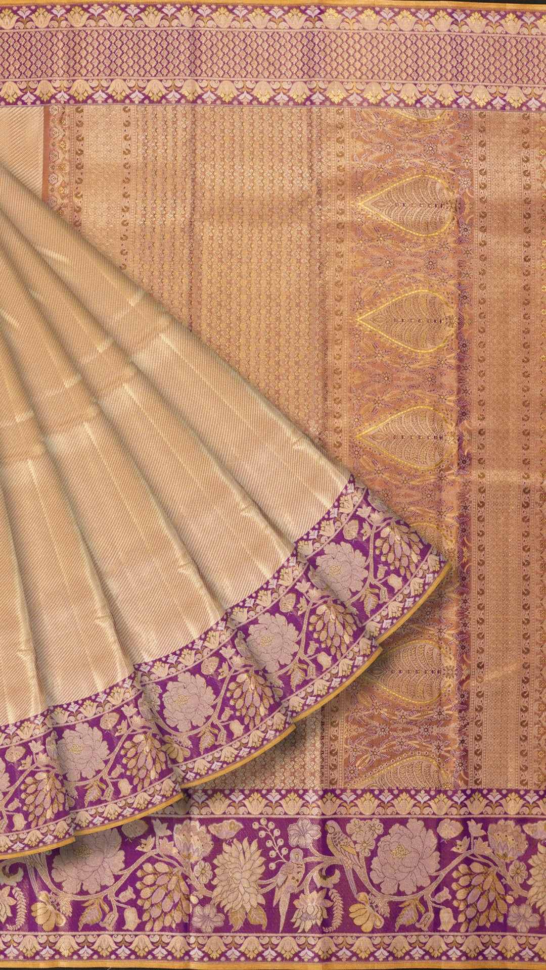 Gold Kanchipuram Saree with Purple Border and Cross Lines