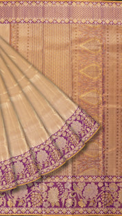 Gold Kanchipuram Saree with Purple Border and Cross Lines