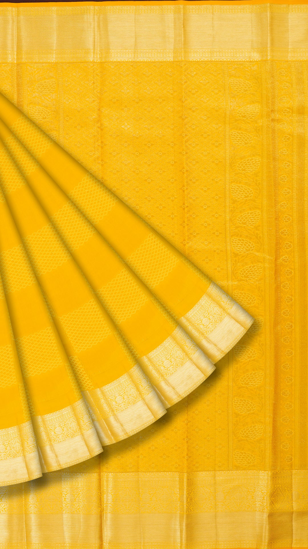 Bright Yellow Kanchipuram Silk Saree with Floral Butta and Zari Border | Kanchi Pattu Saree