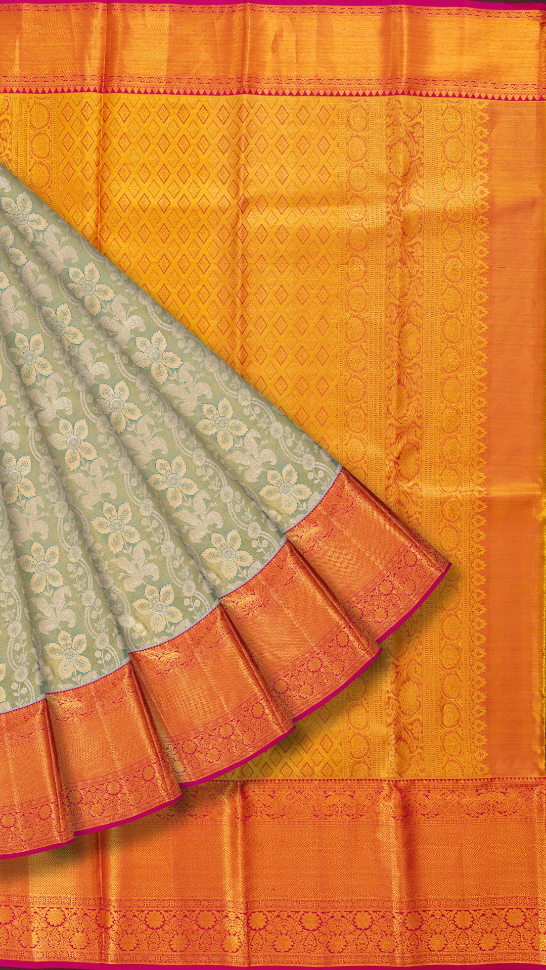 Sea Green Kanchipuram Saree with Dark Pink Contrast