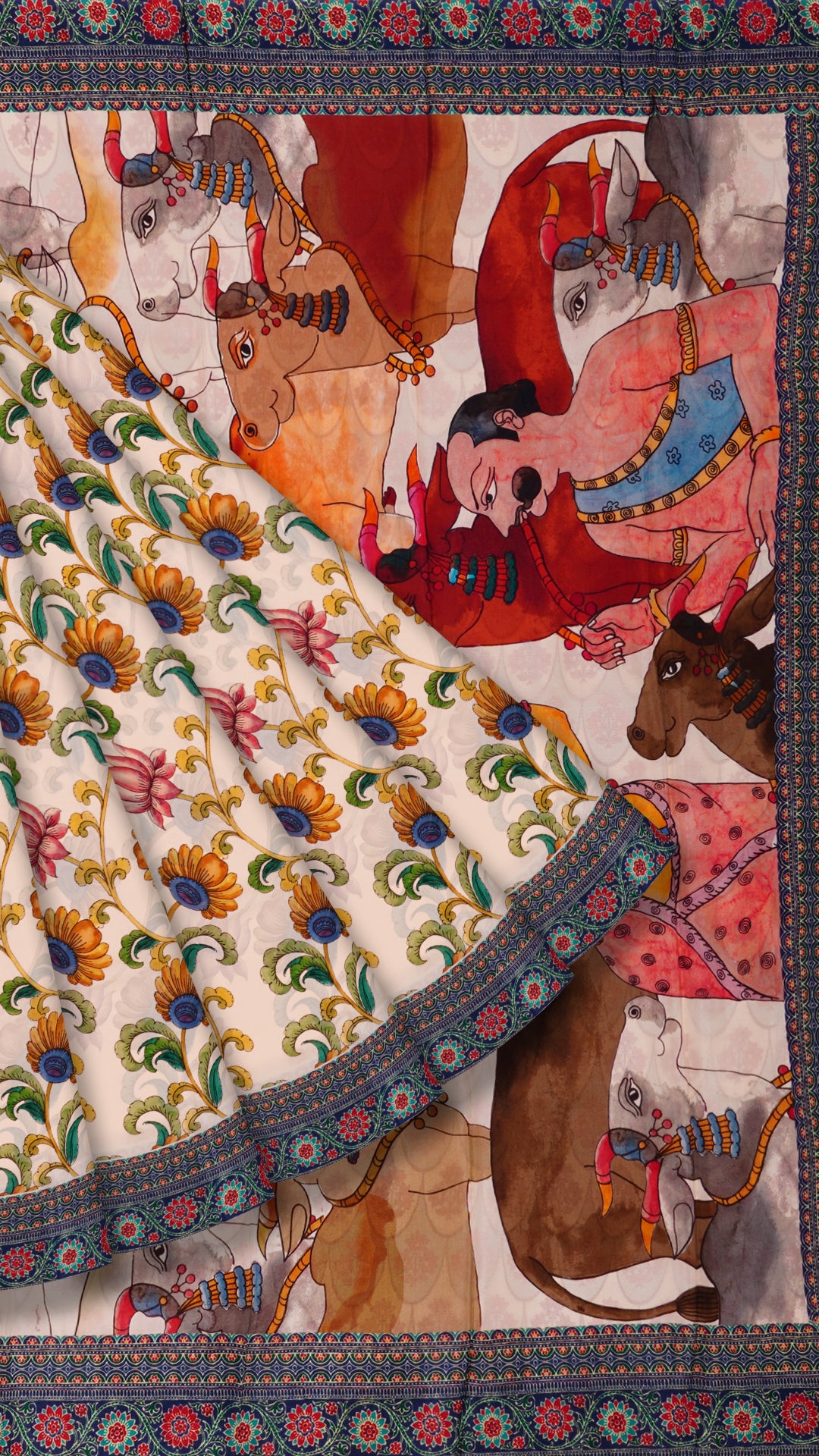 Navy Blue Crepe Silk Saree with Multicolor Floral Pattern