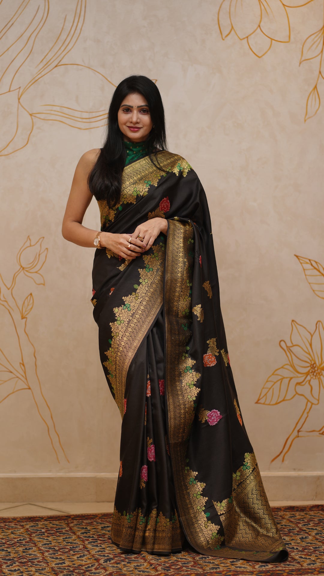 Black Banaras Silk Saree with Zari Border and Multi Buttis