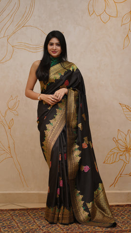 Black Banaras Silk Saree with Zari Border and Multi Buttis