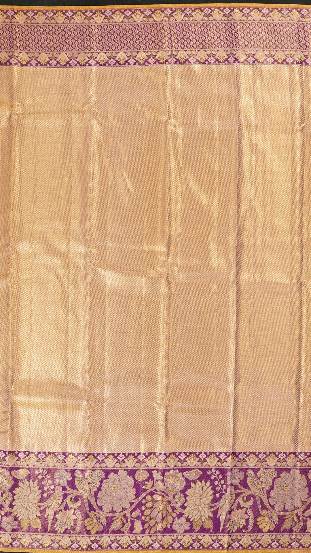 Gold Kanchipuram Saree with Purple Border and Cross Lines