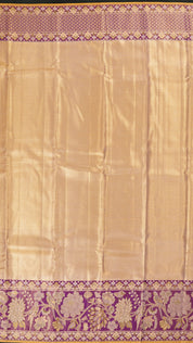 Gold Kanchipuram Saree with Purple Border and Cross Lines