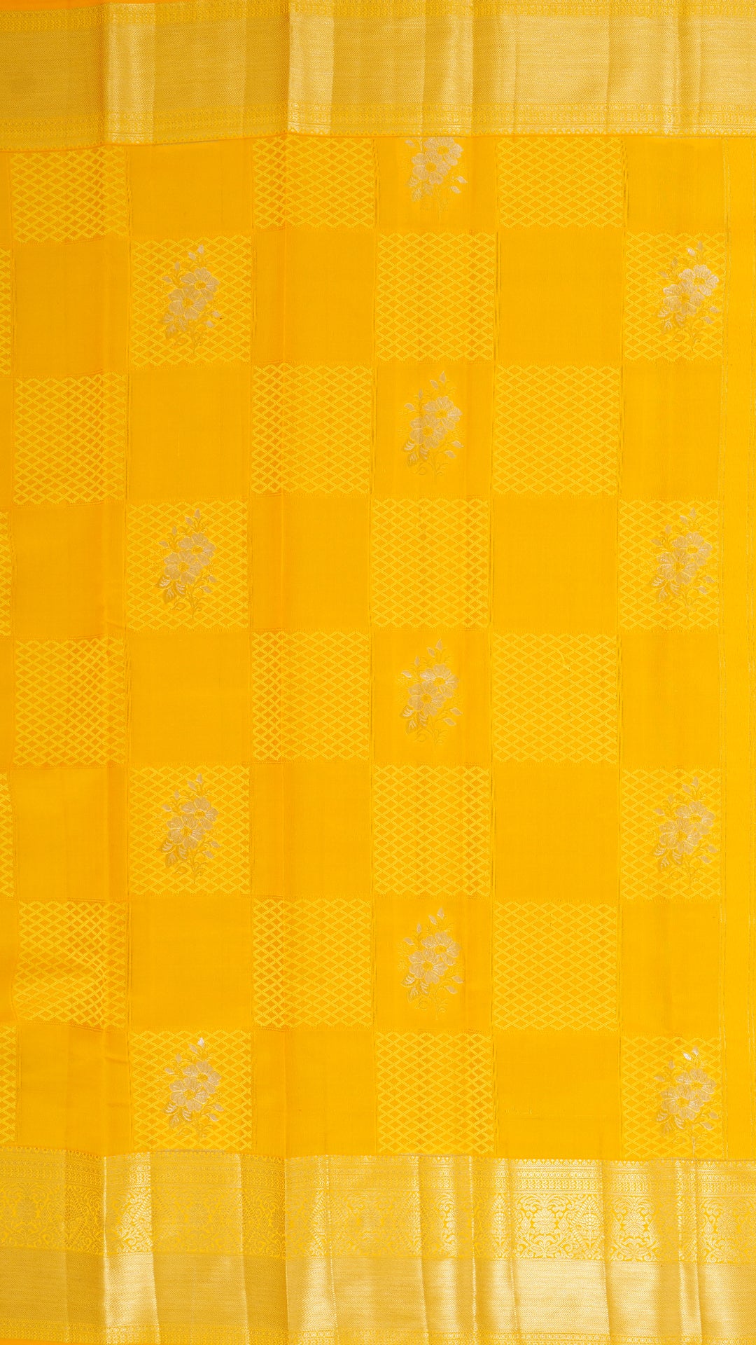 Bright Yellow Kanchipuram Silk Saree with Floral Butta and Zari Border | Kanchi Pattu Saree