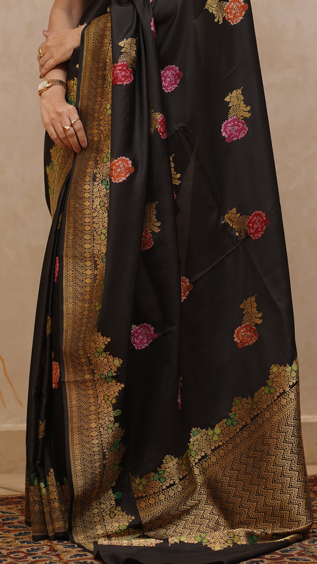 Black Banaras Silk Saree with Zari Border and Multi Buttis